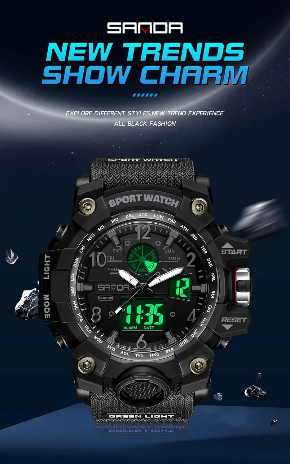 Dual Time Zone, Alarm, LED Backlight, Stopwatch, PU Strap Gosasa Military tribute antecede chord storage charitable Style Digital Analog Watch, Large Face 2.2", 50m Water Resistant, 