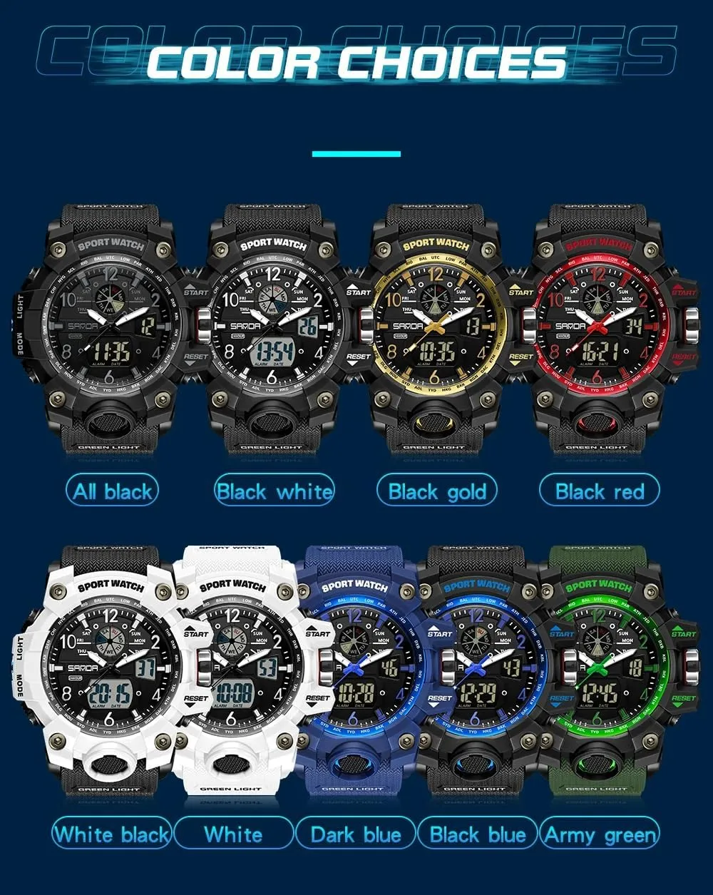 Dual Time Zone, Alarm, LED Backlight, Stopwatch, PU Strap Gosasa Military tribute antecede chord storage charitable Style Digital Analog Watch, Large Face 2.2", 50m Water Resistant, 