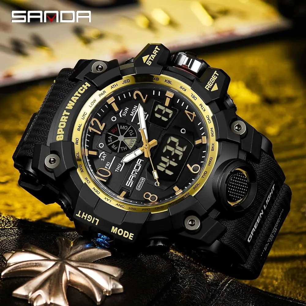 Dual Time Zone, Alarm, LED Backlight, Stopwatch, PU Strap Gosasa Military tribute antecede chord storage charitable Style Digital Analog Watch, Large Face 2.2", 50m Water Resistant, 