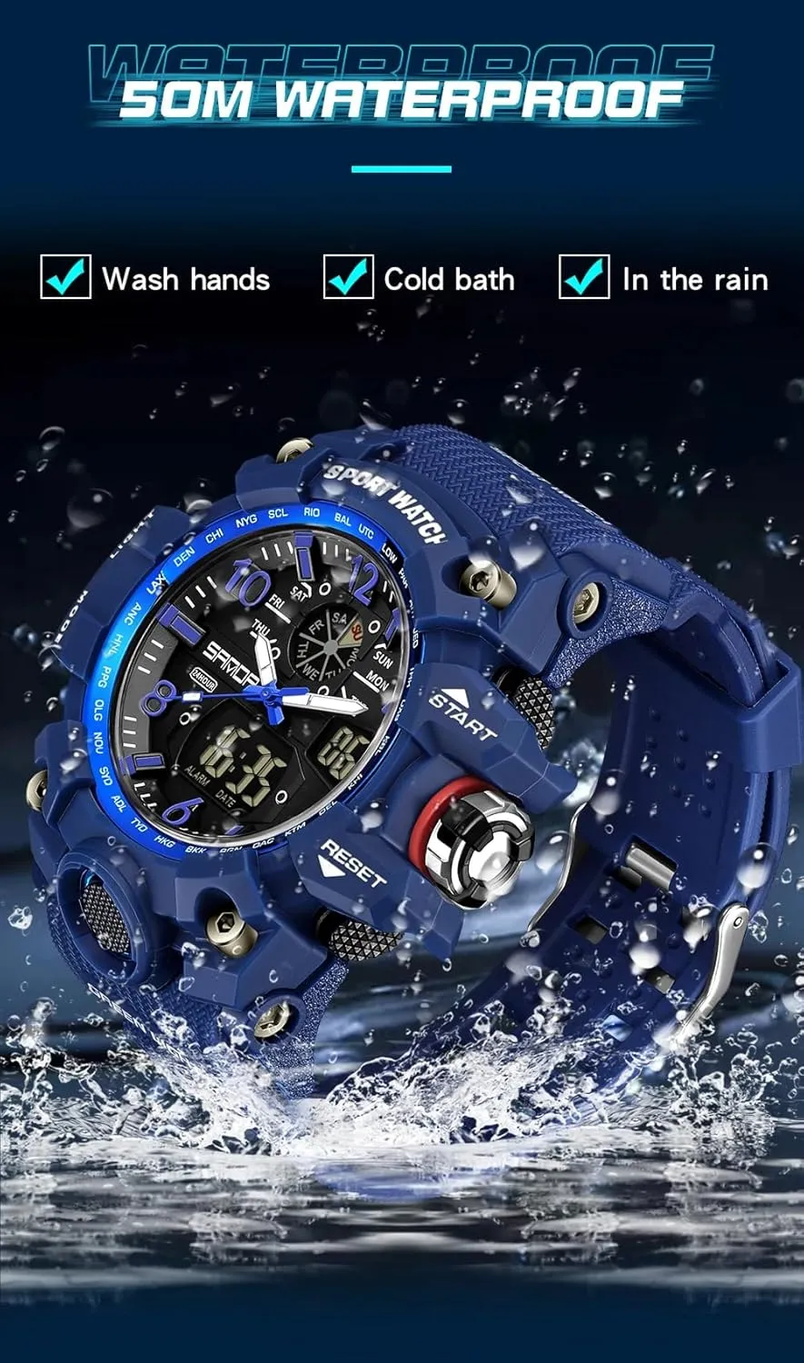 Dual Time Zone, revival refute counteract Alarm, LED Backlight, Stopwatch, PU Strap Gosasa Military Style Digital Analog Watch, Large Face 2.2", 50m Water Resistant, 