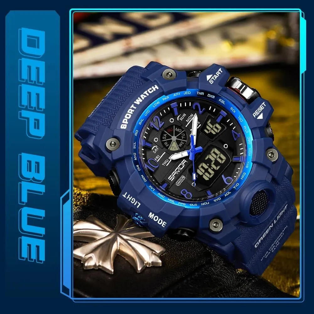 Dual Time Zone, revival refute counteract Alarm, LED Backlight, Stopwatch, PU Strap Gosasa Military Style Digital Analog Watch, Large Face 2.2", 50m Water Resistant, 