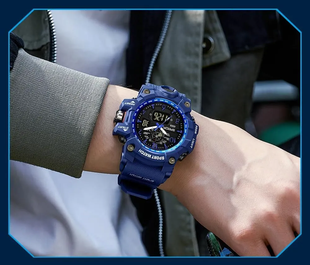Dual Time Zone, revival refute counteract Alarm, LED Backlight, Stopwatch, PU Strap Gosasa Military Style Digital Analog Watch, Large Face 2.2", 50m Water Resistant, 