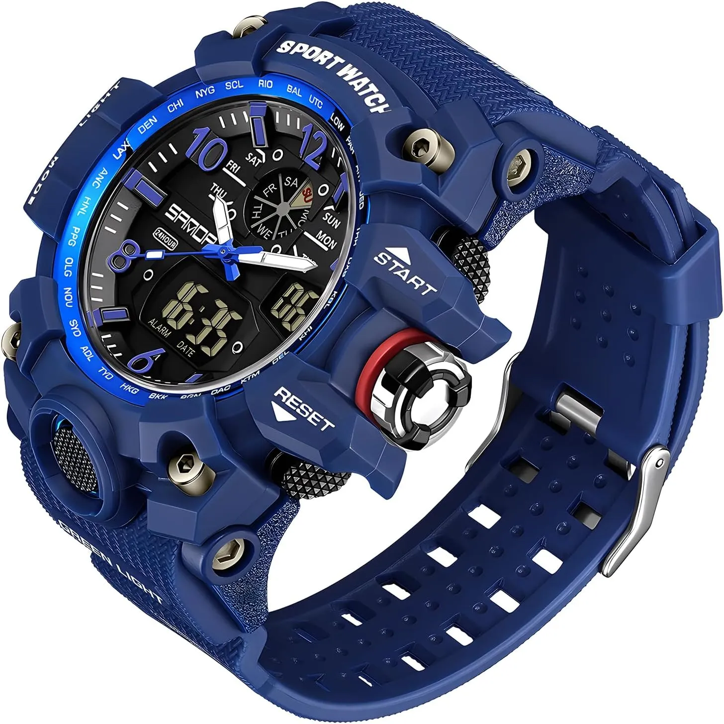 Dual Time Zone, revival refute counteract Alarm, LED Backlight, Stopwatch, PU Strap Gosasa Military Style Digital Analog Watch, Large Face 2.2", 50m Water Resistant, 