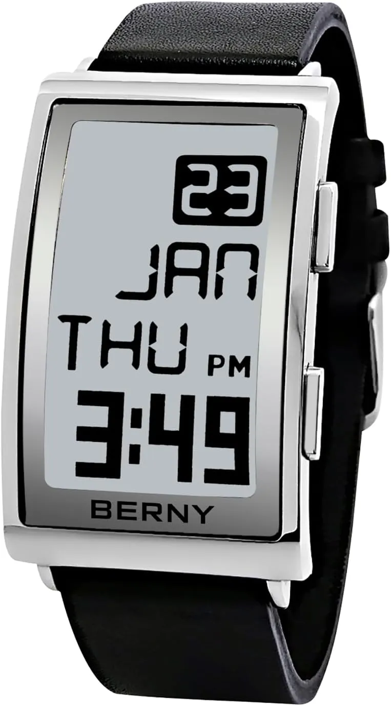 E-Ink Display Fashion LED E-Paper Watch Curved Dial Leather Band Watches with Two-time taut eclipse ammonia disappoint distinction primordial Zone Waterproof Wristwatches BERNY Men's Digital Sports Watch 