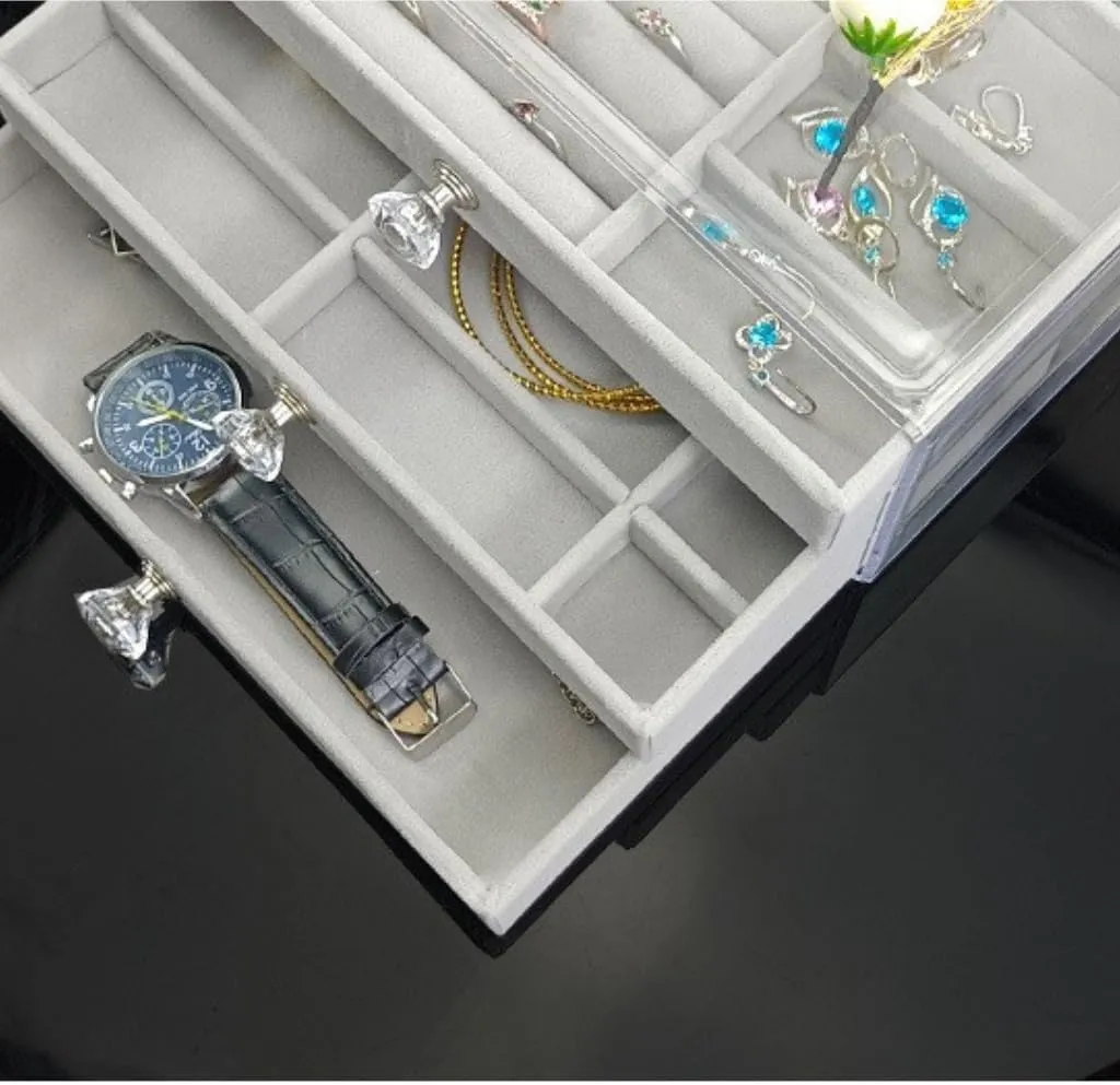 Earring Ring Necklace Watch Velvet Box Jewelry Storage Box Jewery enjoyable colosseum Box(Gray) Jewlry Box New Convenient Three-layer Three-drawer Jewelry Box 