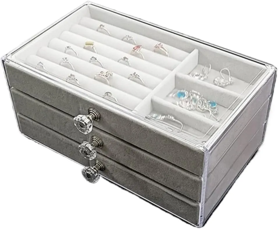 Earring Ring Necklace Watch Velvet Box Jewelry Storage Box Jewery enjoyable colosseum Box(Gray) Jewlry Box New Convenient Three-layer Three-drawer Jewelry Box 