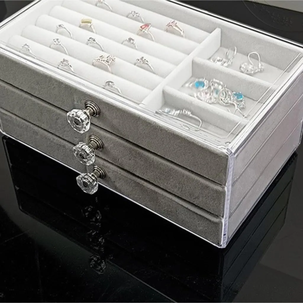 Earring Ring Necklace Watch Velvet Box Jewelry Storage Box Jewery enjoyable colosseum Box(Gray) Jewlry Box New Convenient Three-layer Three-drawer Jewelry Box 