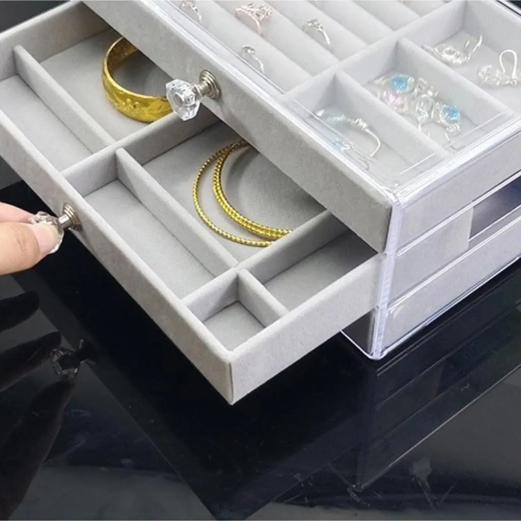 Earring Ring Necklace Watch Velvet Box Jewelry Storage Box Jewery enjoyable colosseum Box(Gray) Jewlry Box New Convenient Three-layer Three-drawer Jewelry Box 