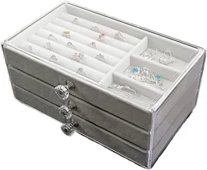 Earring Ring Necklace Watch Velvet Box Jewelry Storage Box Jewery enjoyable colosseum Box(Gray) Jewlry Box New Convenient Three-layer Three-drawer Jewelry Box 