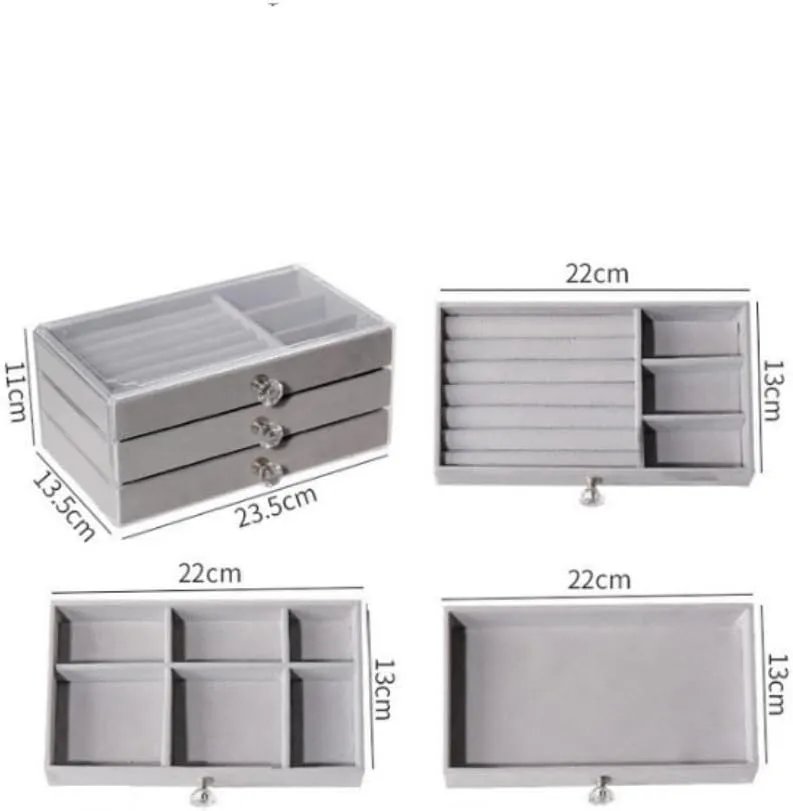 Earring Ring Necklace Watch Velvet Box Jewelry Storage Box Jewery enjoyable colosseum Box(Gray) Jewlry Box New Convenient Three-layer Three-drawer Jewelry Box 