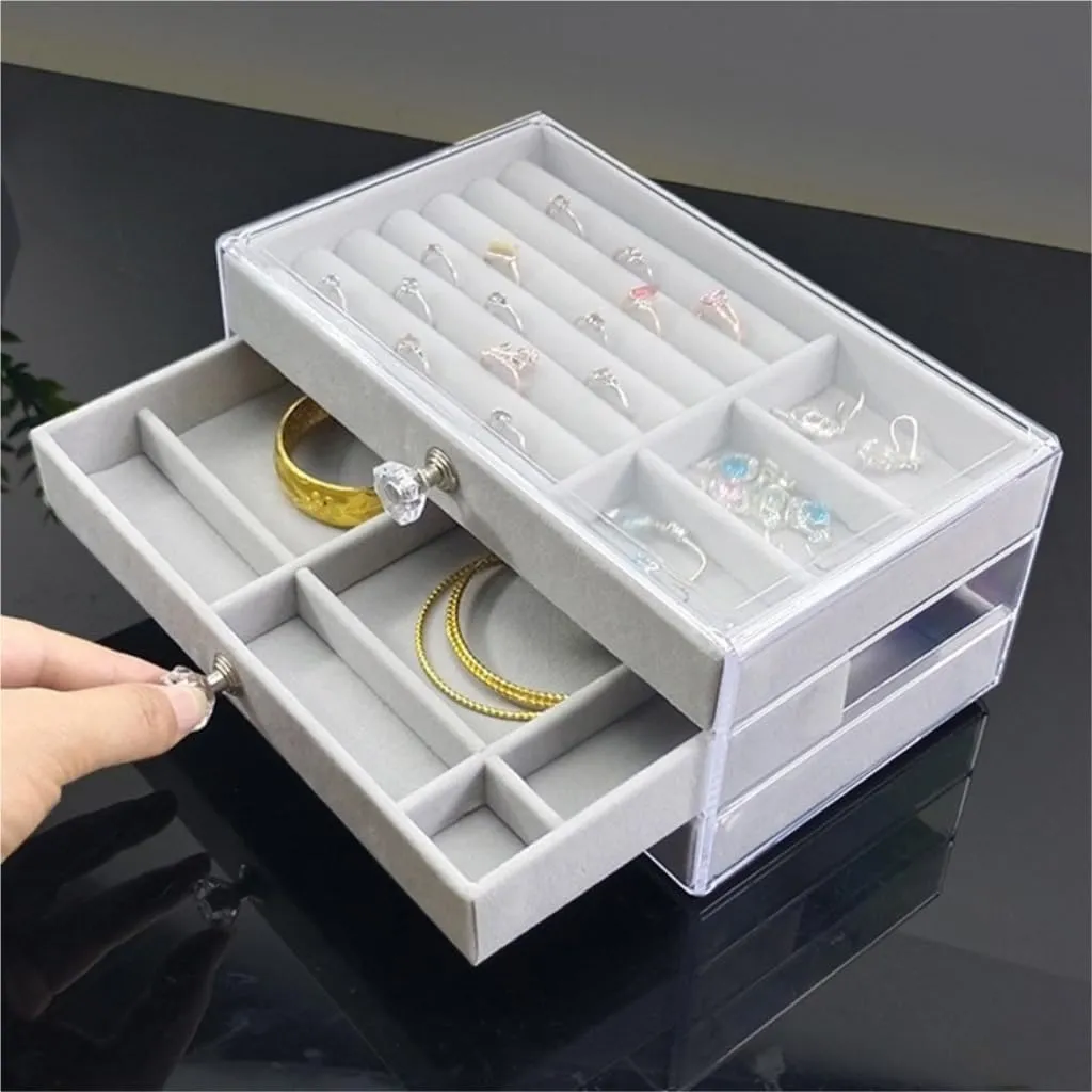 Earring Ring Necklace Watch Velvet Box Jewelry Storage Box Jewery enjoyable colosseum Box(Gray) Jewlry Box New Convenient Three-layer Three-drawer Jewelry Box 