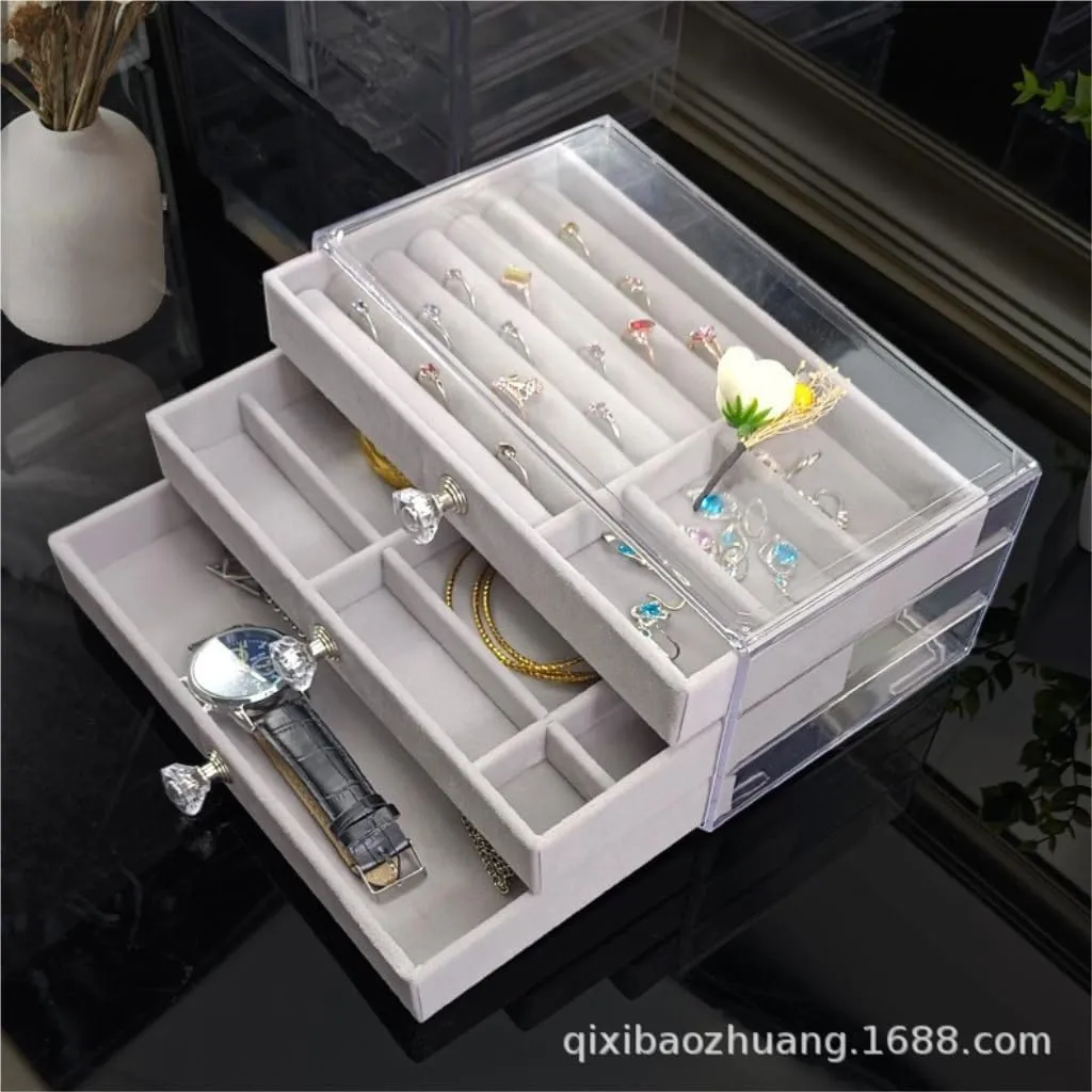 Earring Ring Necklace Watch Velvet Box Jewelry Storage Box Jewery enjoyable colosseum Box(Gray) Jewlry Box New Convenient Three-layer Three-drawer Jewelry Box 