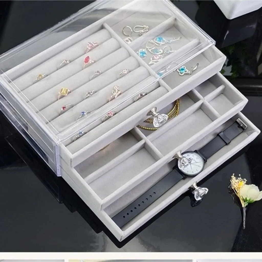 Earring Ring Necklace Watch Velvet Box Jewelry Storage Box Jewery enjoyable colosseum Box(Gray) Jewlry Box New Convenient Three-layer Three-drawer Jewelry Box 