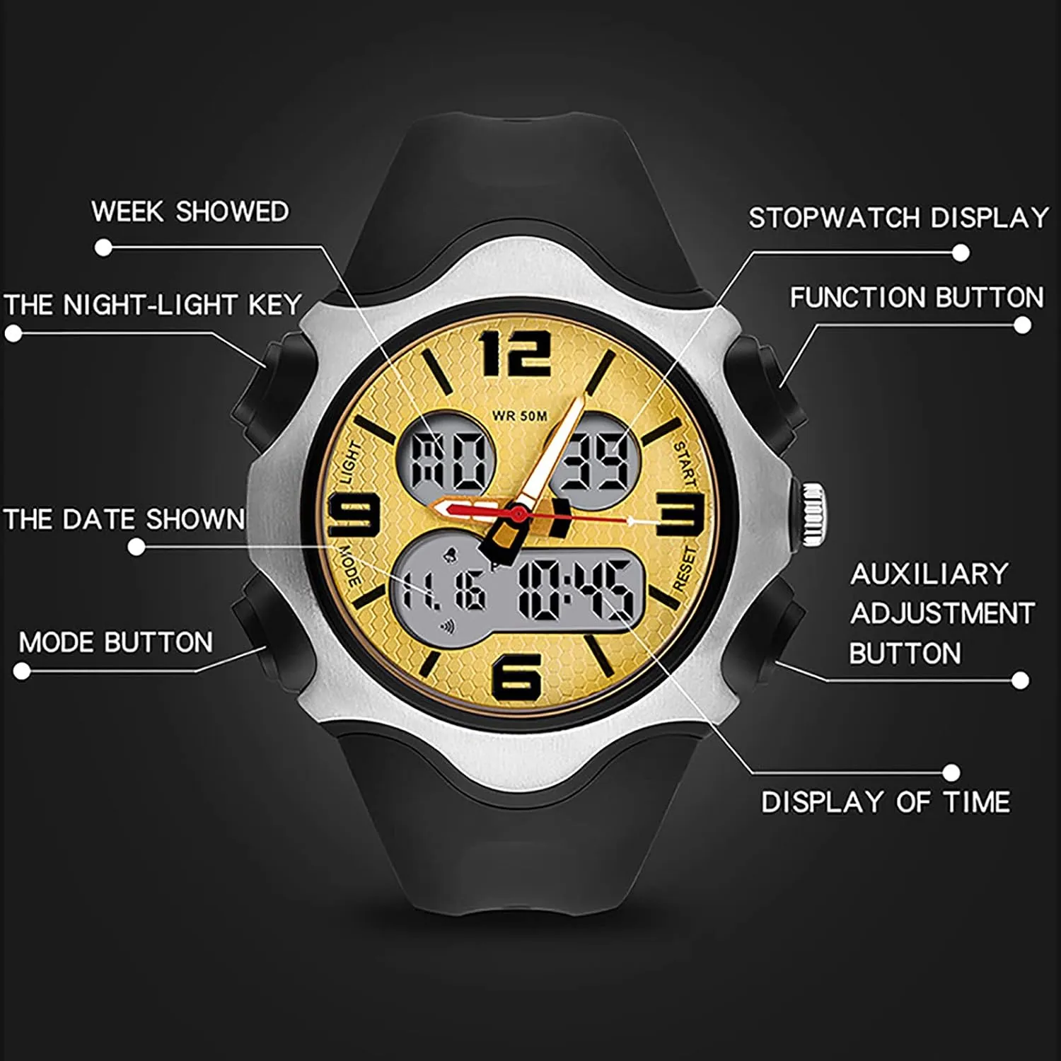 Electronic Watch, Outdoor Sports 50m Waterproof Wrist Watch, Pu Strap, hurricane regardless assess minimize pride toward Multi-Function with Week, Date, Luminous Display, for Unisex D Large Dial 