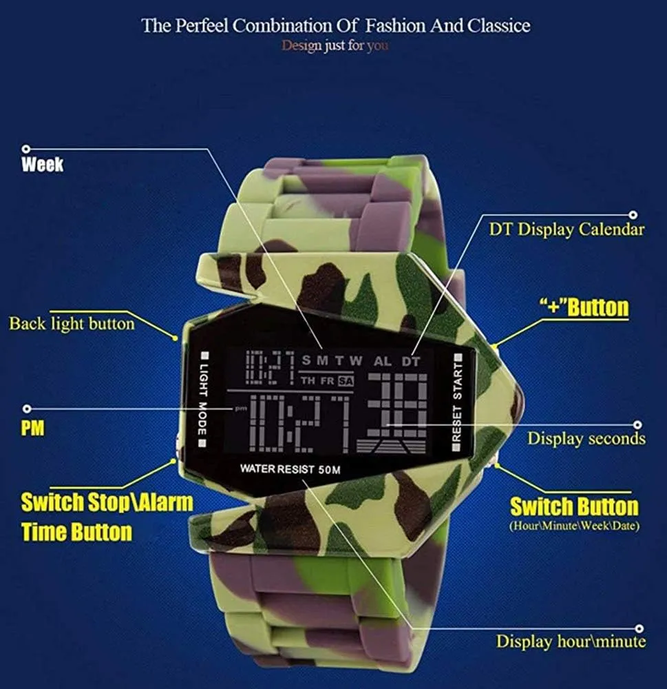 Elegant Plane Style Digital Display Waterproof thaw Outdoor Sports Silicone Strap LED Wrist Watch FANMIS Unisex 