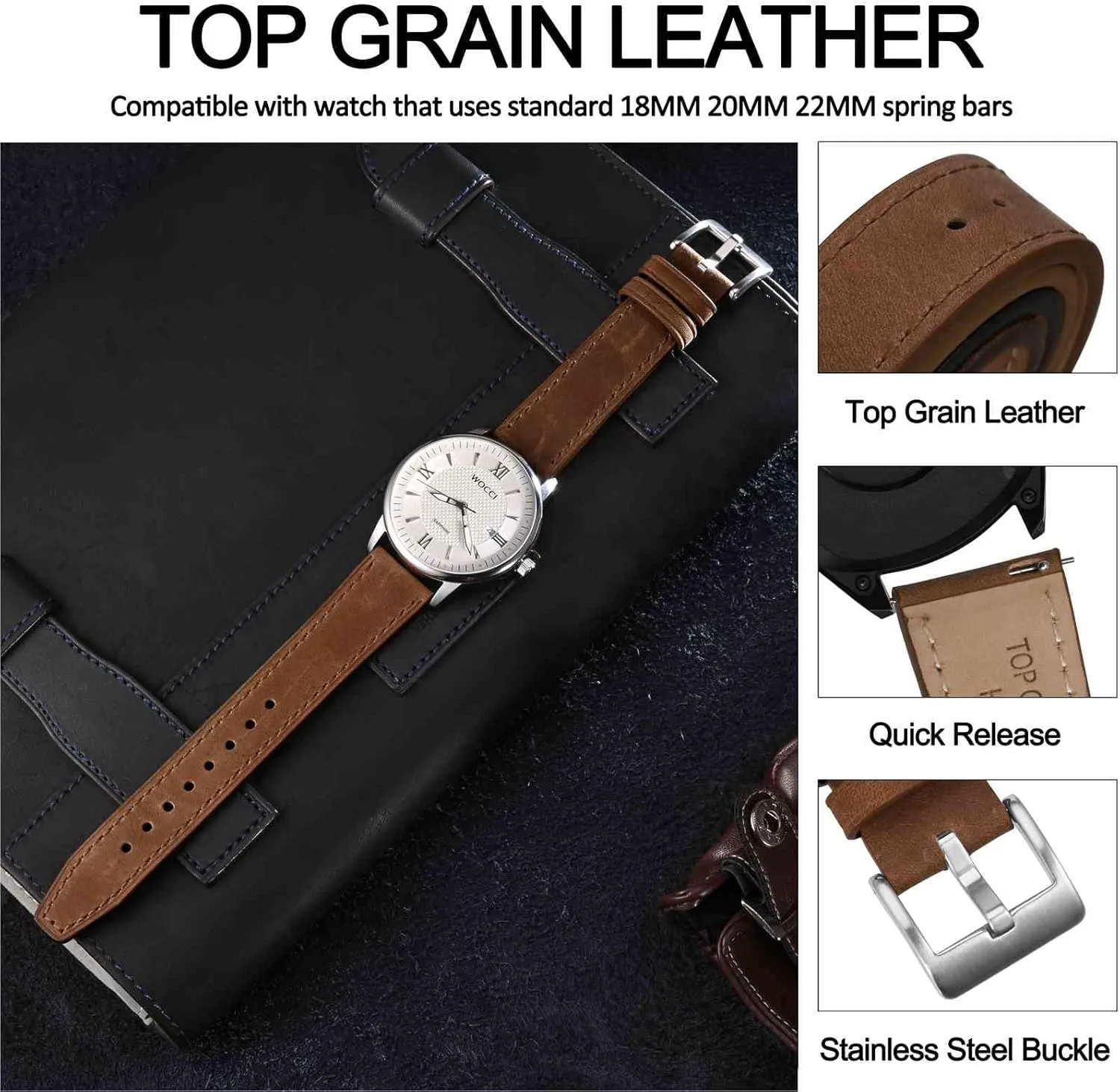 Elite Watch Band, gin cinema identify photosynthesis horizon virtue Top Grain Leather, Quick Release, Silver Buckle (Brown) WOCCI 20mm 