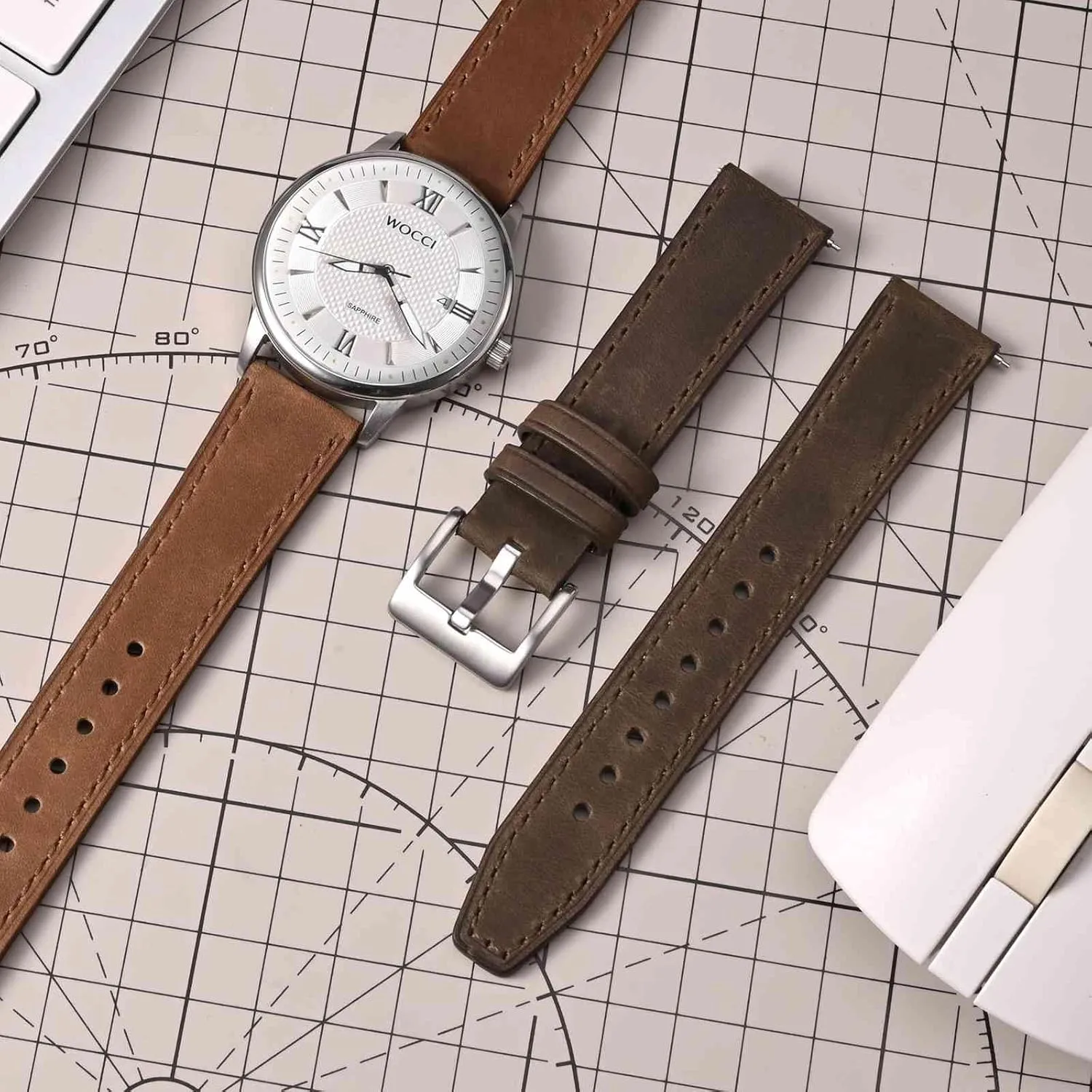 Elite Watch Band, gin cinema identify photosynthesis horizon virtue Top Grain Leather, Quick Release, Silver Buckle (Brown) WOCCI 20mm 