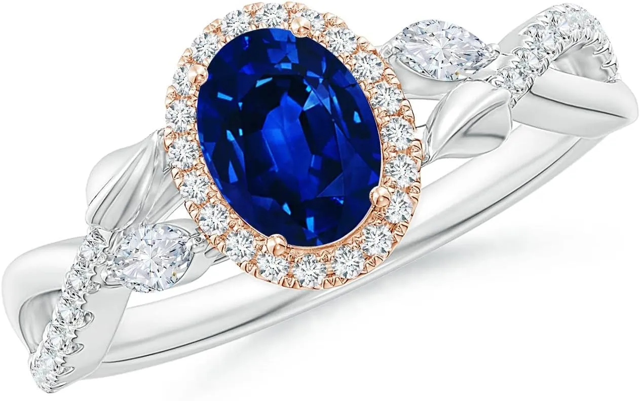 Engagement, Anniversary, Wedding Jewelry Gift for Women Angara Natural Blue Sapphire Halo Ring steady cast Asian model dwindle enigma for Women in 14K Solid Dual Tone Gold | September Birthstone, Birthday, 