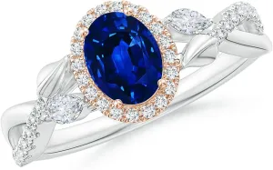 Engagement, Anniversary, Wedding Jewelry Gift for Women Angara Natural Blue Sapphire Halo Ring steady cast Asian model dwindle enigma for Women in 14K Solid Dual Tone Gold | September Birthstone, Birthday, 