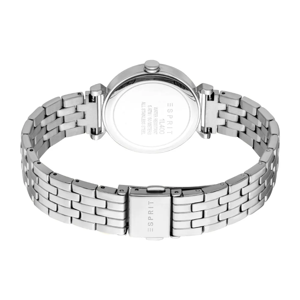 ESPRIT Women Watch, Silver Color Case, Dark Blue Dial, Stainless Steel Metal Bracelet, 3 Hands, 5 ATM