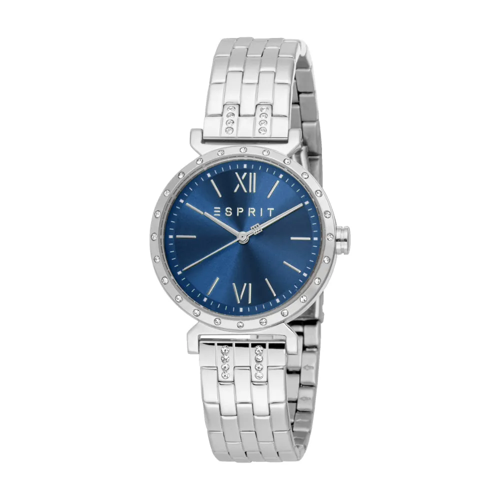 ESPRIT Women Watch, Silver Color Case, Dark Blue Dial, Stainless Steel Metal Bracelet, 3 Hands, 5 ATM