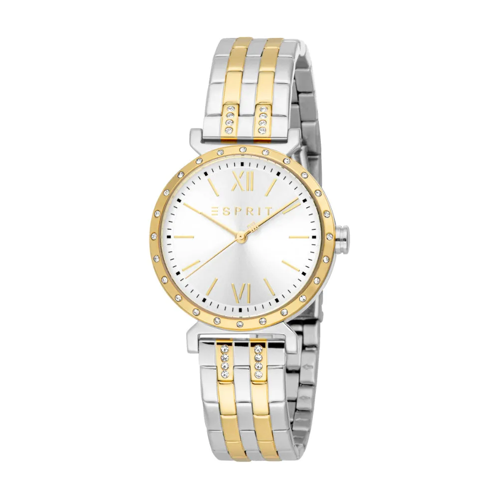 ESPRIT Women Watch, Two Tone Silver & Gold Color Case & Metal Bracelet Silver Dial, 3 Hands, 5 ATM