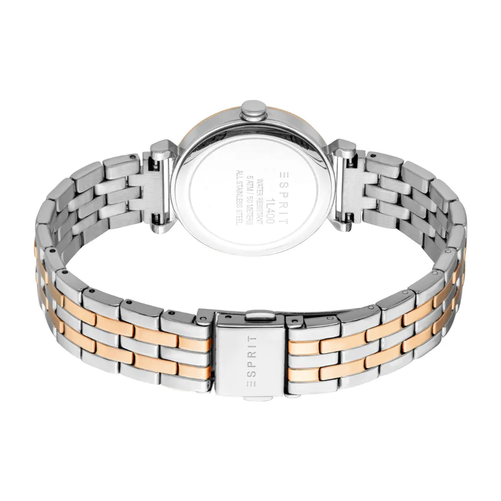 ESPRIT Women Watch, Two Tone Silver & Rose Gold Color Case & Metal Bracelet, Dark Blue Dial, 3 Hands, 5 ATM