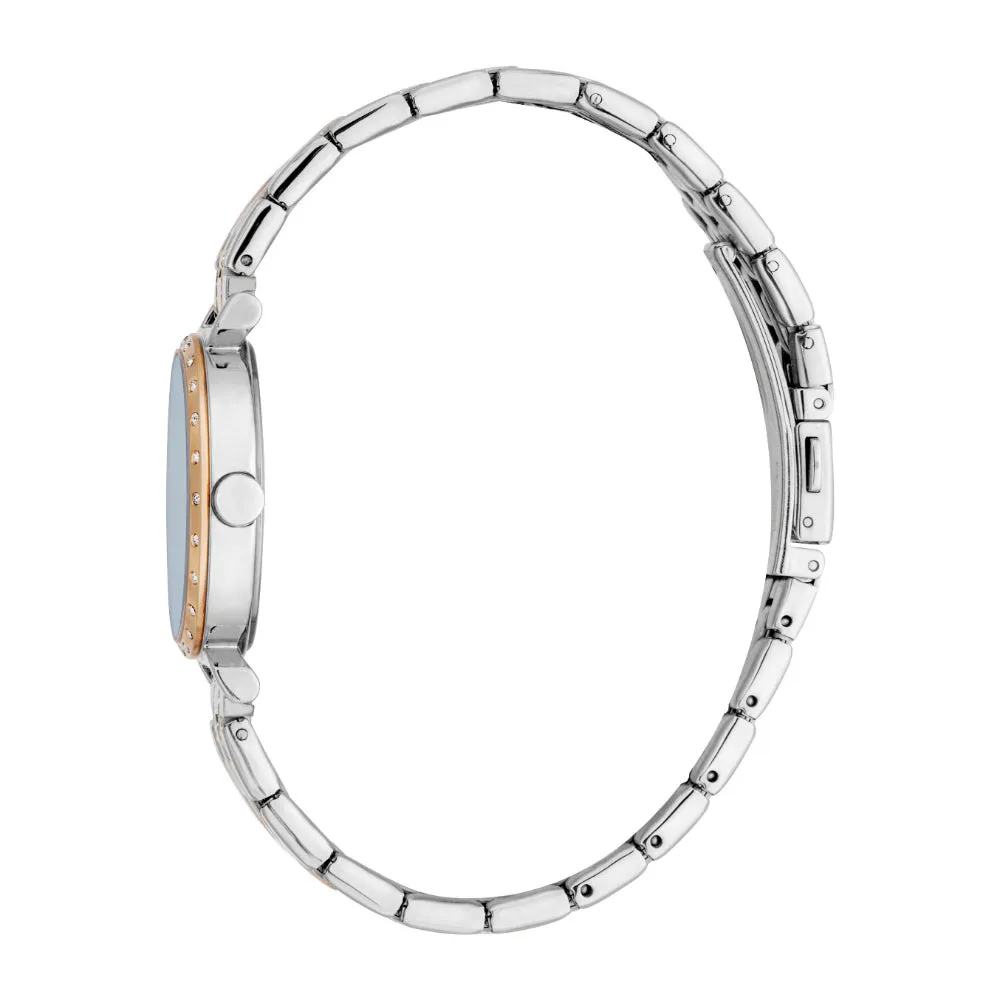 ESPRIT Women Watch, Two Tone Silver & Rose Gold Color Case & Metal Bracelet, Dark Blue Dial, 3 Hands, 5 ATM