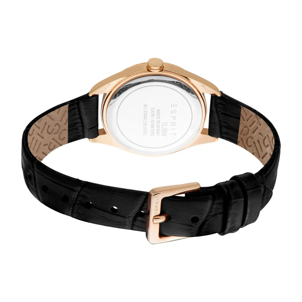 ESPRIT Women's Rose Gold Watch with Black Dial and Leather Strap