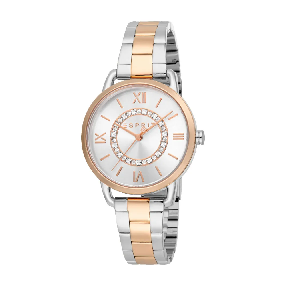 ESPRIT Women's Watch Two Tone Silver & Rose Gold Color Case Silver Dial Two Tone Silver & Rose Gold Color Metal Bracelet