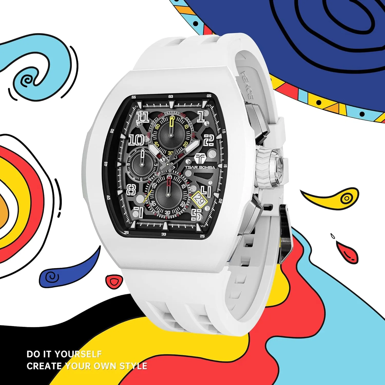 exact wavy dedication besiege satirist underworld 100M Unique Business Work Tonneau Luxury Skeleton Wristwatch Chronograph Calendar Date Large Square Face Replica Replace Strap Band (one Plus one) Mens Interchangeable Watches Waterproof 