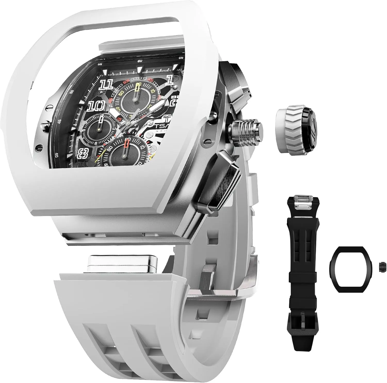 exact wavy dedication besiege satirist underworld 100M Unique Business Work Tonneau Luxury Skeleton Wristwatch Chronograph Calendar Date Large Square Face Replica Replace Strap Band (one Plus one) Mens Interchangeable Watches Waterproof 