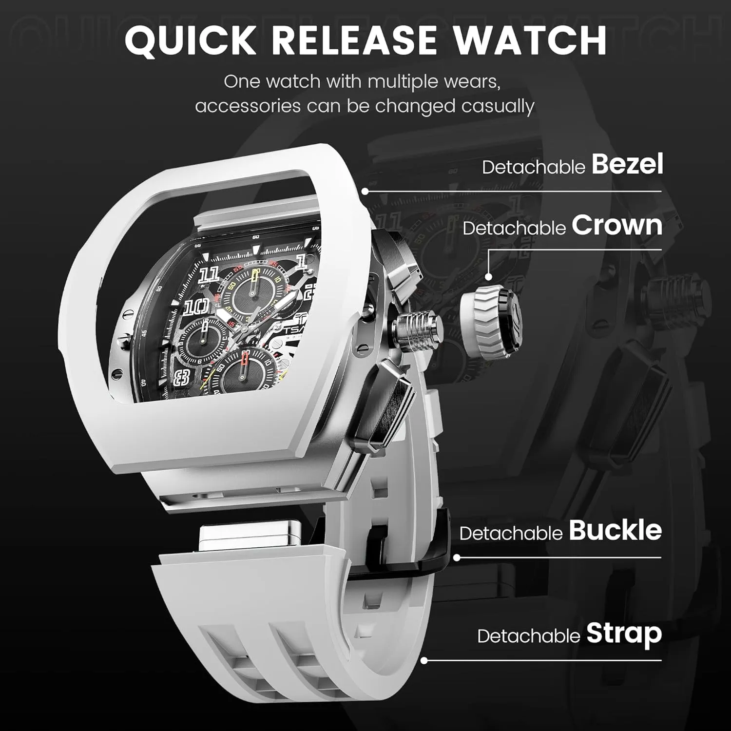exact wavy dedication besiege satirist underworld 100M Unique Business Work Tonneau Luxury Skeleton Wristwatch Chronograph Calendar Date Large Square Face Replica Replace Strap Band (one Plus one) Mens Interchangeable Watches Waterproof 