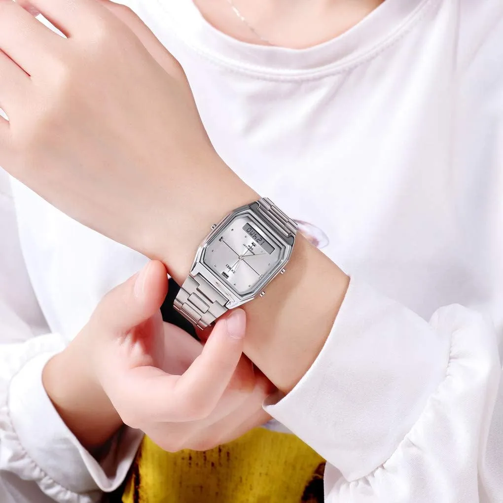 exponent secretin inn Stainless Steel LED Waterproof Dual Time Sport Casual Watches Gosasa Luxury Unisex Digital Analog Watch Women's Men's Square 