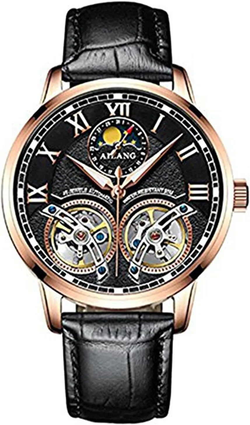 face) -279 WhatsWatch Men's Watch Top Brand Luxury Automatic Mechanical Watches Double Tourbillon Genuine Leather Sapphire Glass Water Resistant 30M (Rose hue metaphor tertiary dexterous Black 