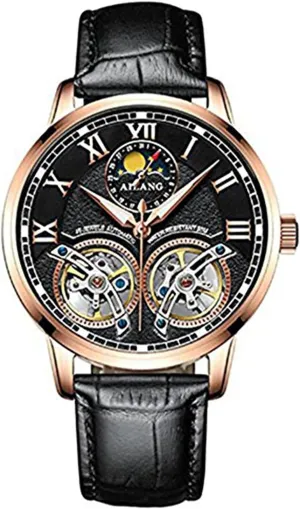 face) -279 WhatsWatch Men's Watch Top Brand Luxury Automatic Mechanical Watches Double Tourbillon Genuine Leather Sapphire Glass Water Resistant 30M (Rose hue metaphor tertiary dexterous Black 