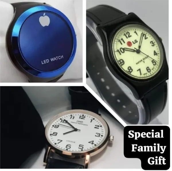 Family Gift Pack Of 3 Watches | Best Quality Watches | Daniel Wellington Watch   Lg Quartz Watch   Apple Logo Digital Watch | Watches ( Without Box )