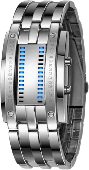 Fashion Black electroplated Watch (Silver) inverse MASTOPBinary Watch for Men Blue LED Digital Rectangular Stainless Steel Classic Creative 