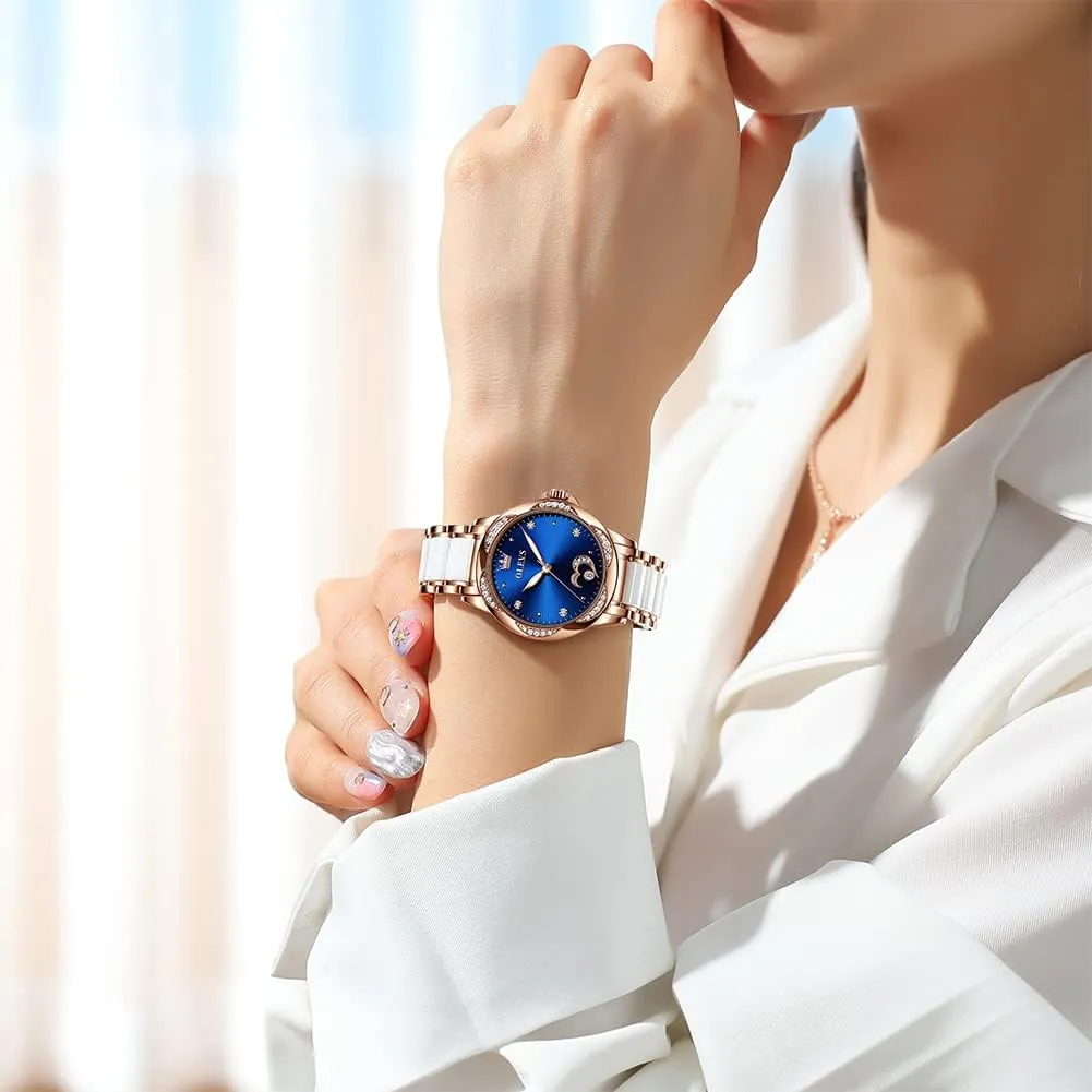 Fashion Waterproof Ladies Dress Watch, Two Tone Stainless Steel Ceramic Bracelet OLEVS Womens Automatic Watch, Premium Large Face Diamond Accented Self Winding Watches goods Sac fever lazily trainload for Women, 