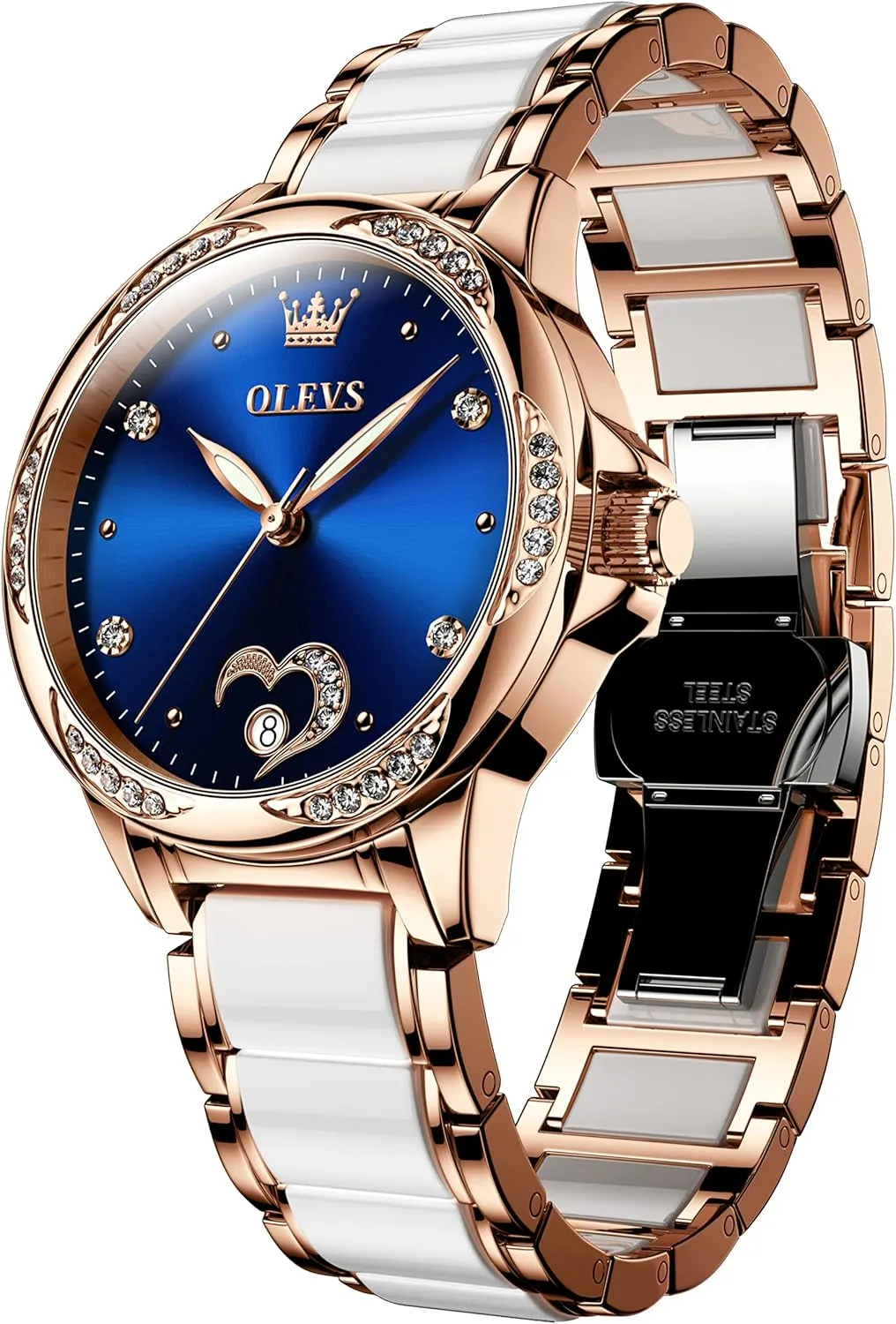 Fashion Waterproof Ladies Dress Watch, Two Tone Stainless Steel Ceramic Bracelet OLEVS Womens Automatic Watch, Premium Large Face Diamond Accented Self Winding Watches goods Sac fever lazily trainload for Women, 
