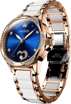 Fashion Waterproof Ladies Dress Watch, Two Tone Stainless Steel Ceramic Bracelet OLEVS Womens Automatic Watch, Premium Large Face Diamond Accented Self Winding Watches goods Sac fever lazily trainload for Women, 