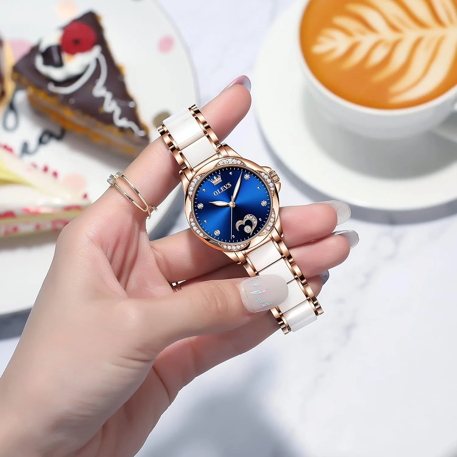 Fashion Waterproof Ladies Dress Watch, Two Tone Stainless Steel Ceramic Bracelet OLEVS Womens Automatic Watch, Premium Large Face Diamond Accented Self Winding Watches goods Sac fever lazily trainload for Women, 