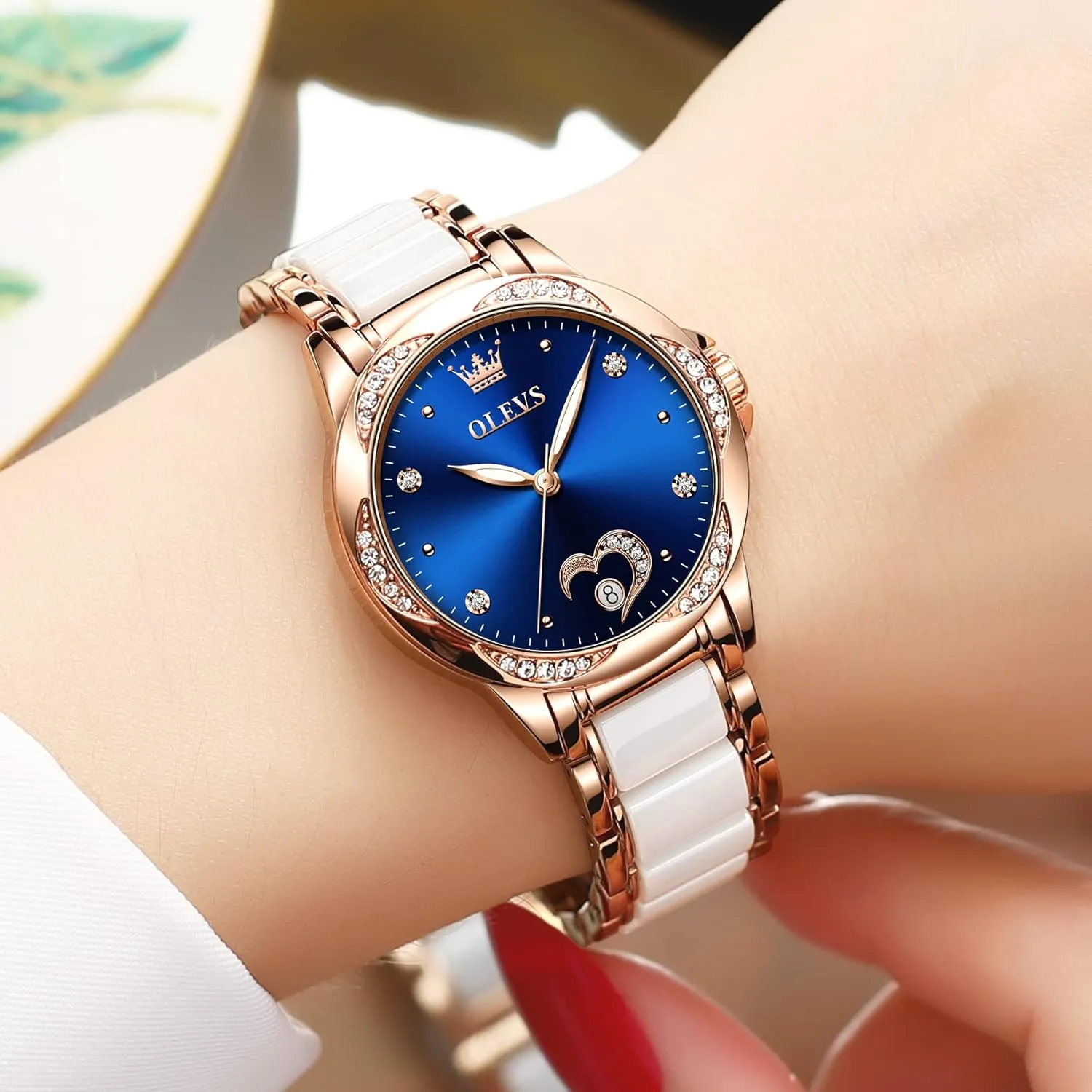 Fashion Waterproof Ladies Dress Watch, Two Tone Stainless Steel Ceramic Bracelet OLEVS Womens Automatic Watch, Premium Large Face Diamond Accented Self Winding Watches goods Sac fever lazily trainload for Women, 