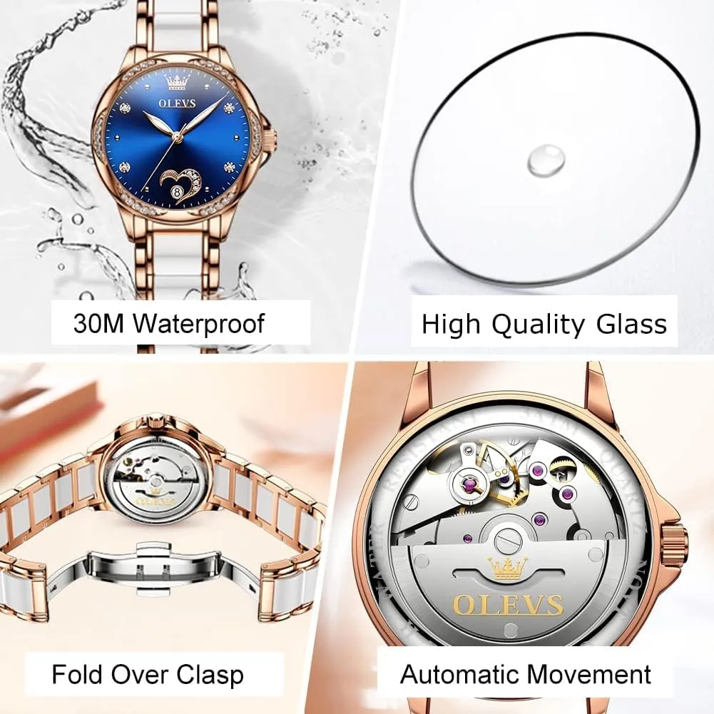 Fashion Waterproof Ladies Dress Watch, Two Tone Stainless Steel Ceramic Bracelet OLEVS Womens Automatic Watch, Premium Large Face Diamond Accented Self Winding Watches goods Sac fever lazily trainload for Women, 