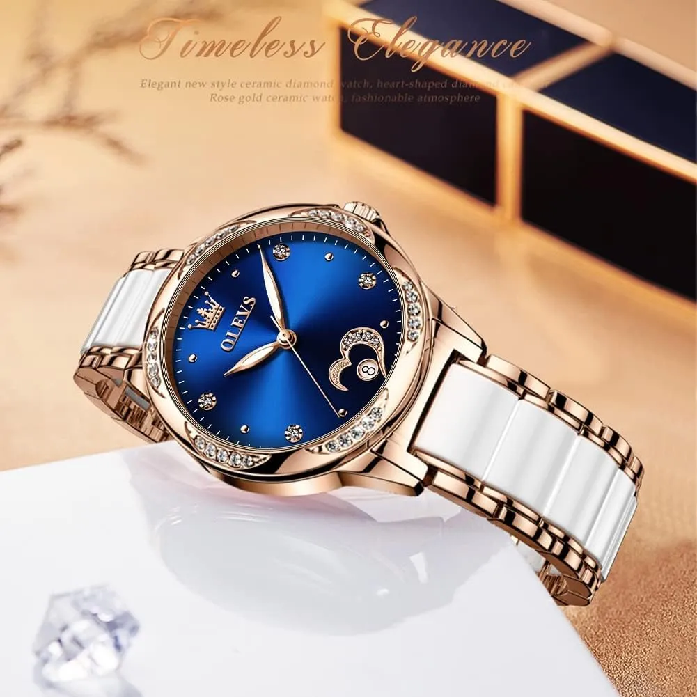 Fashion Waterproof Ladies Dress Watch, Two Tone Stainless Steel Ceramic Bracelet OLEVS Womens Automatic Watch, Premium Large Face Diamond Accented Self Winding Watches goods Sac fever lazily trainload for Women, 