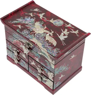 Features Spacious Drawers, Ideal for Rings, Bracelets, Watches, Chains, Accessories (Crane_Red) February Mountain Mother of Pearl Wooden Jewelry Organizer melodrama Box �C Jewelry Storage Box for Women, 