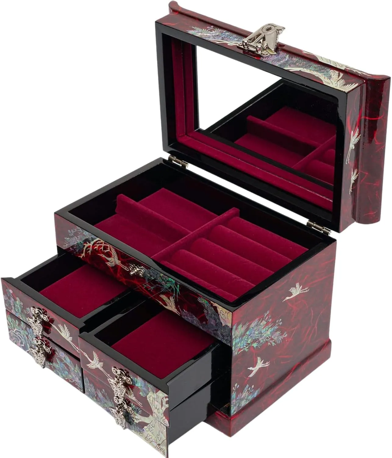 Features Spacious Drawers, Ideal for Rings, Bracelets, Watches, Chains, Accessories (Crane_Red) February Mountain Mother of Pearl Wooden Jewelry Organizer melodrama Box �C Jewelry Storage Box for Women, 