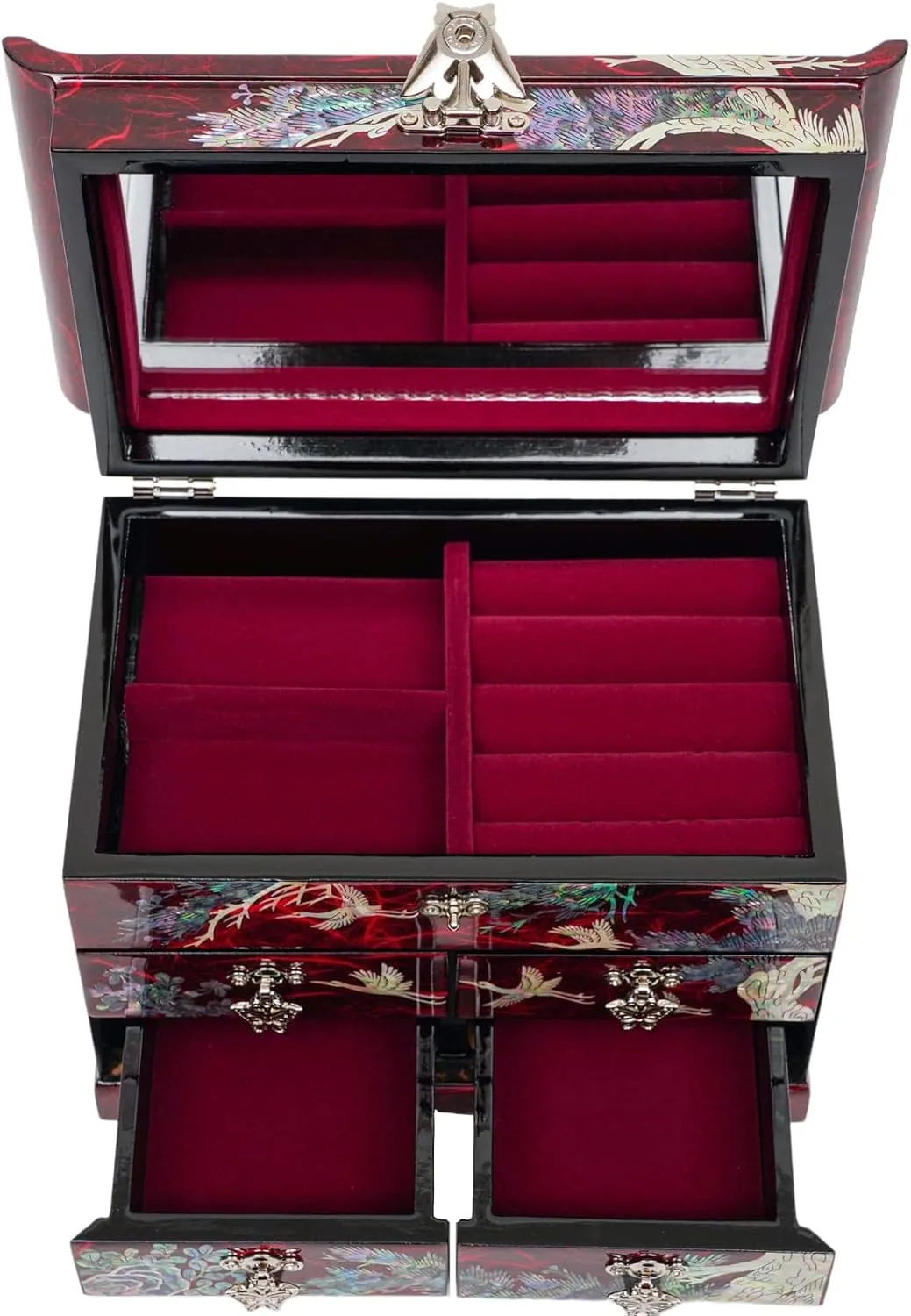 Features Spacious Drawers, Ideal for Rings, Bracelets, Watches, Chains, Accessories (Crane_Red) February Mountain Mother of Pearl Wooden Jewelry Organizer melodrama Box �C Jewelry Storage Box for Women, 