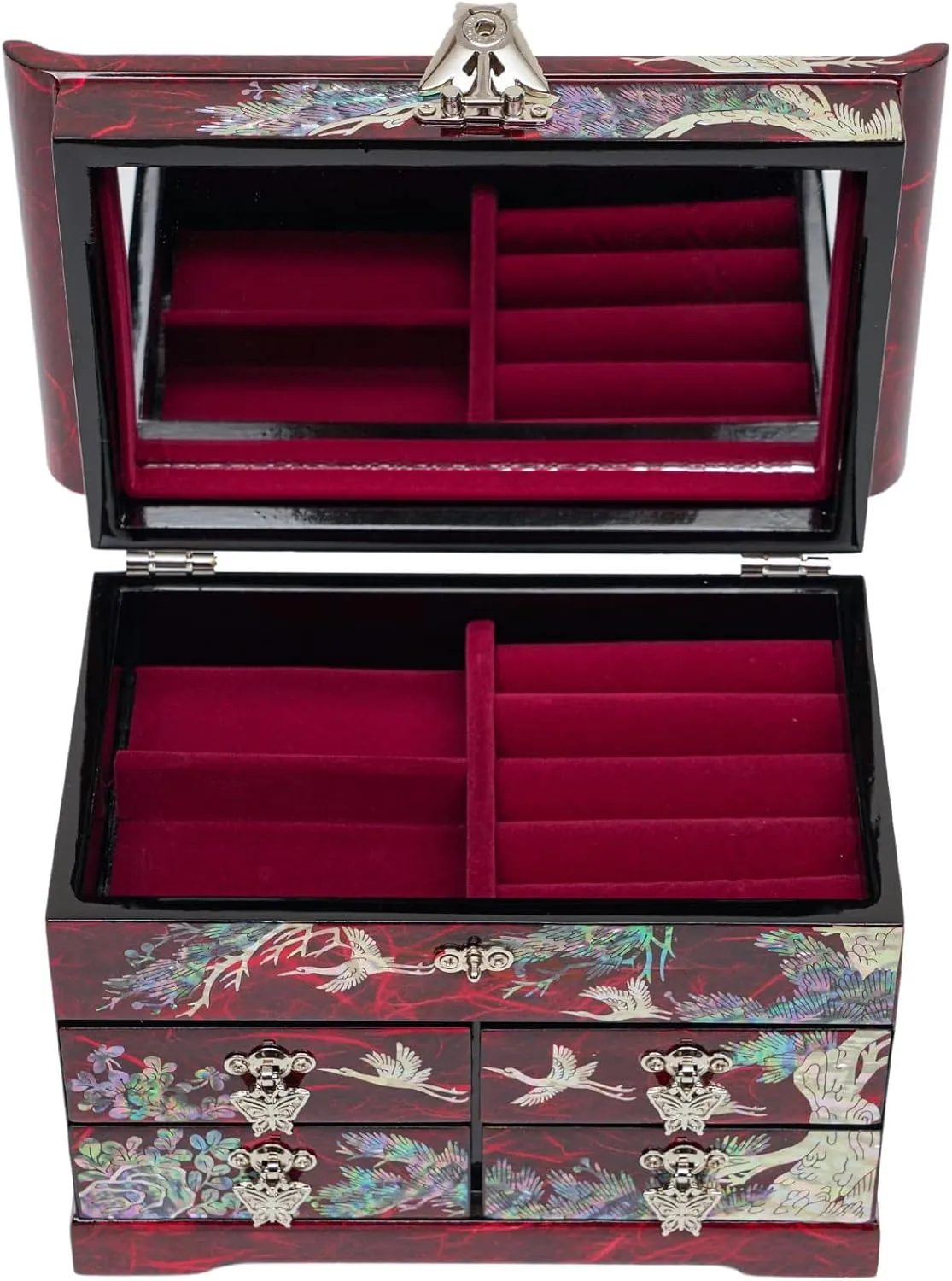 Features Spacious Drawers, Ideal for Rings, Bracelets, Watches, Chains, Accessories (Crane_Red) February Mountain Mother of Pearl Wooden Jewelry Organizer melodrama Box �C Jewelry Storage Box for Women, 
