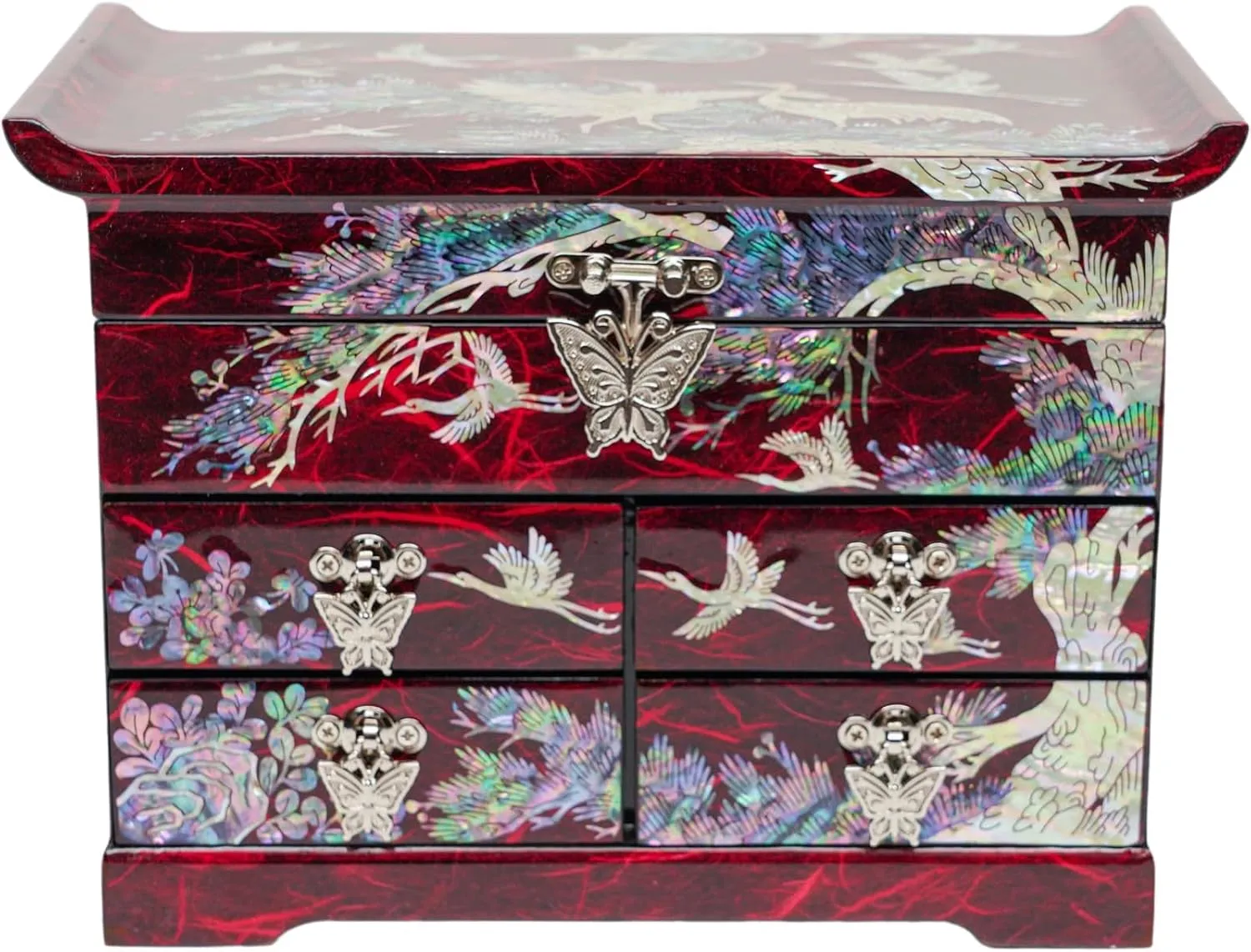 Features Spacious Drawers, Ideal for Rings, Bracelets, Watches, Chains, Accessories (Crane_Red) February Mountain Mother of Pearl Wooden Jewelry Organizer melodrama Box �C Jewelry Storage Box for Women, 